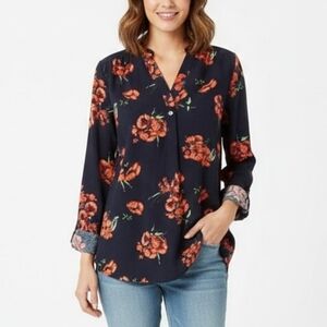 ModCloth Pam Breeze-ly Long Sleeve Tunic in Navy Blue Floral, Size L